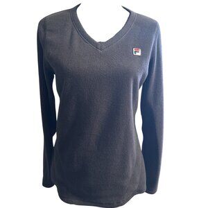 Fila Womens Black V-Neck Pullover Fleece Sweater M Soft Polyester Long Sleeve